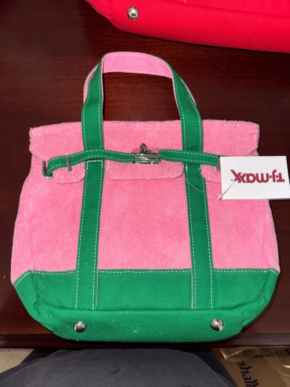 Pink and Green Canvas Tote with Contrast Straps